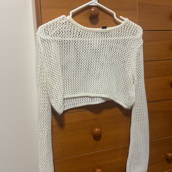 Cream Knit Mesh Cropped Sweater – Long Sleeve Lightweight Layer - Picture 1 of 3